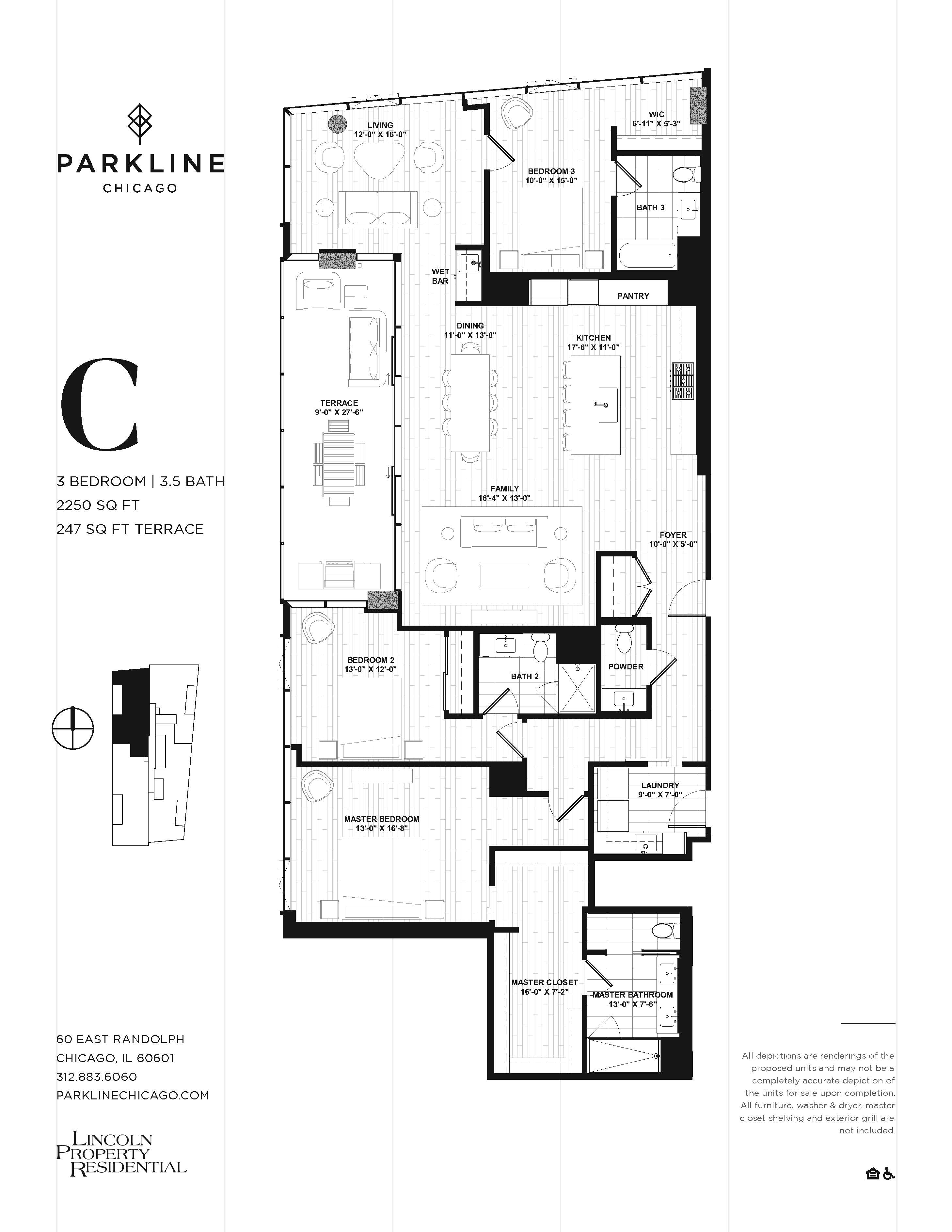 Floor plan for 3 beds, 3.5 baths, 2250 sqft